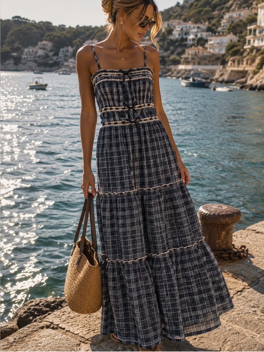 Navy White Plaid Bow Front Detail Smocked Tiered Maxi Dress NWT